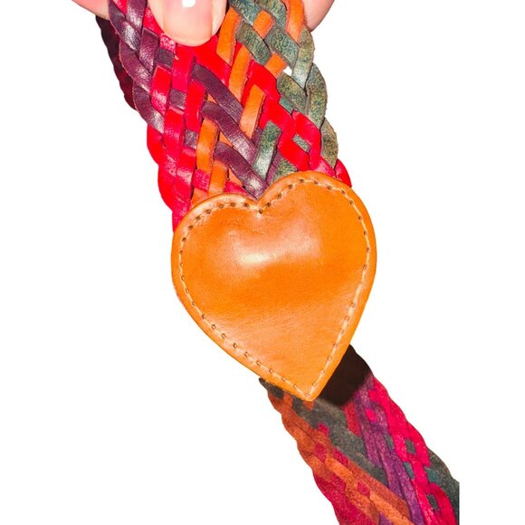 Boho Handwoven Multicolor Braided Leather Belt W/ Heart Accent Buckle Western M - Picture 4 of 7